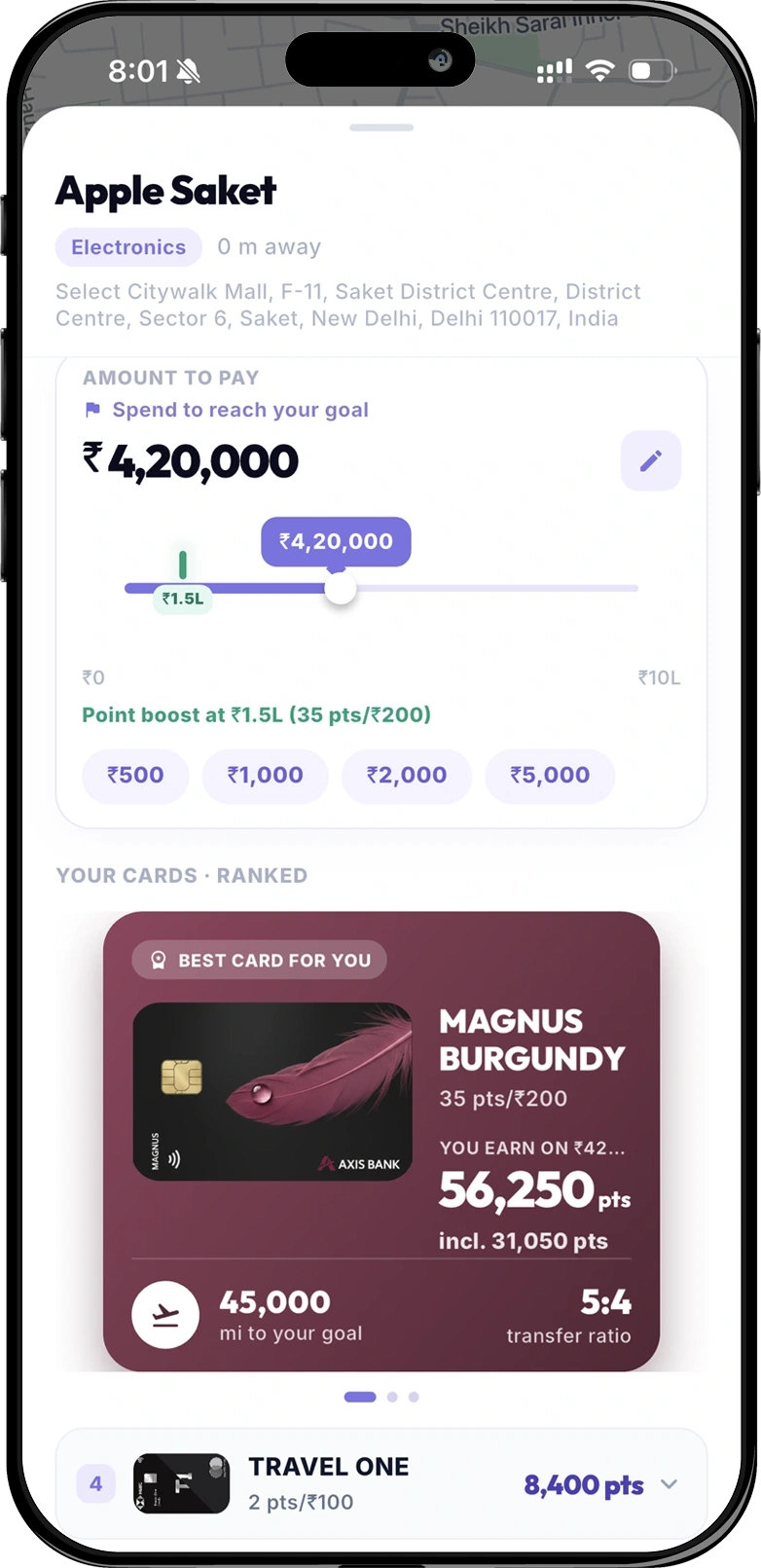PointsFly best-card recommendation screen