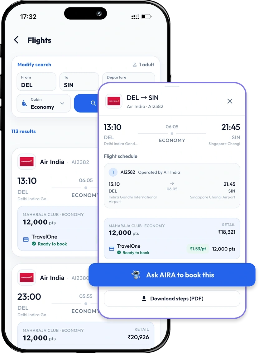 PointsFly flight booking screen showing cash and points prices