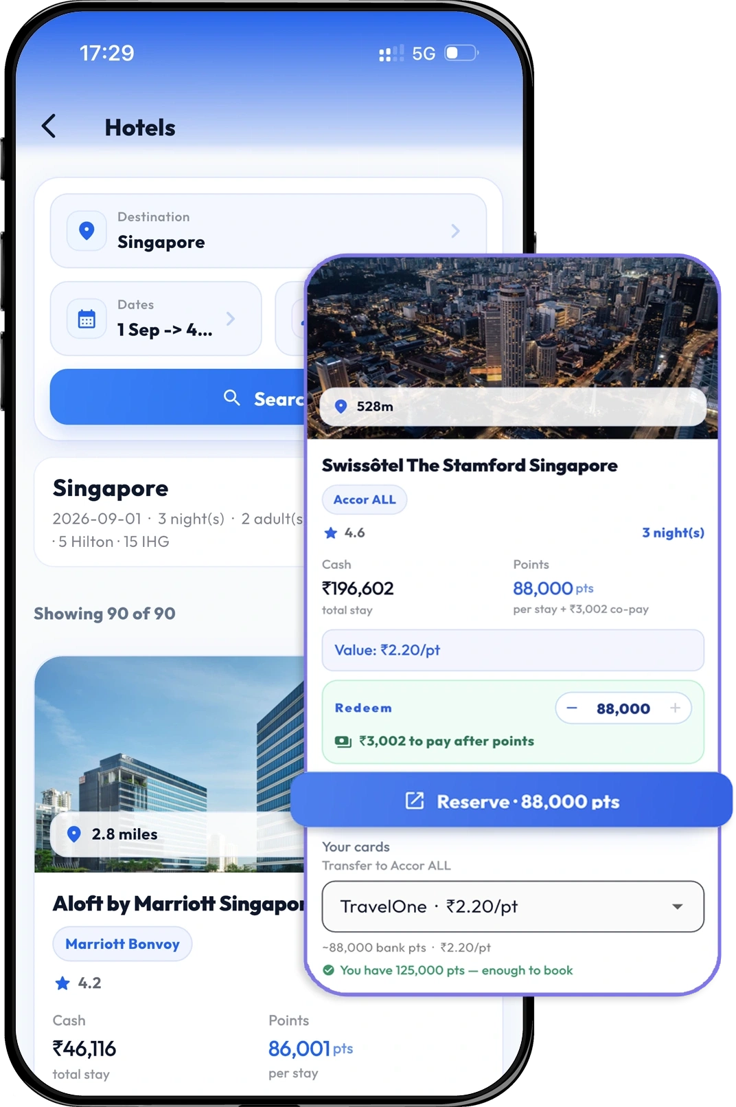 PointsFly hotel booking screen showing cash and points prices
