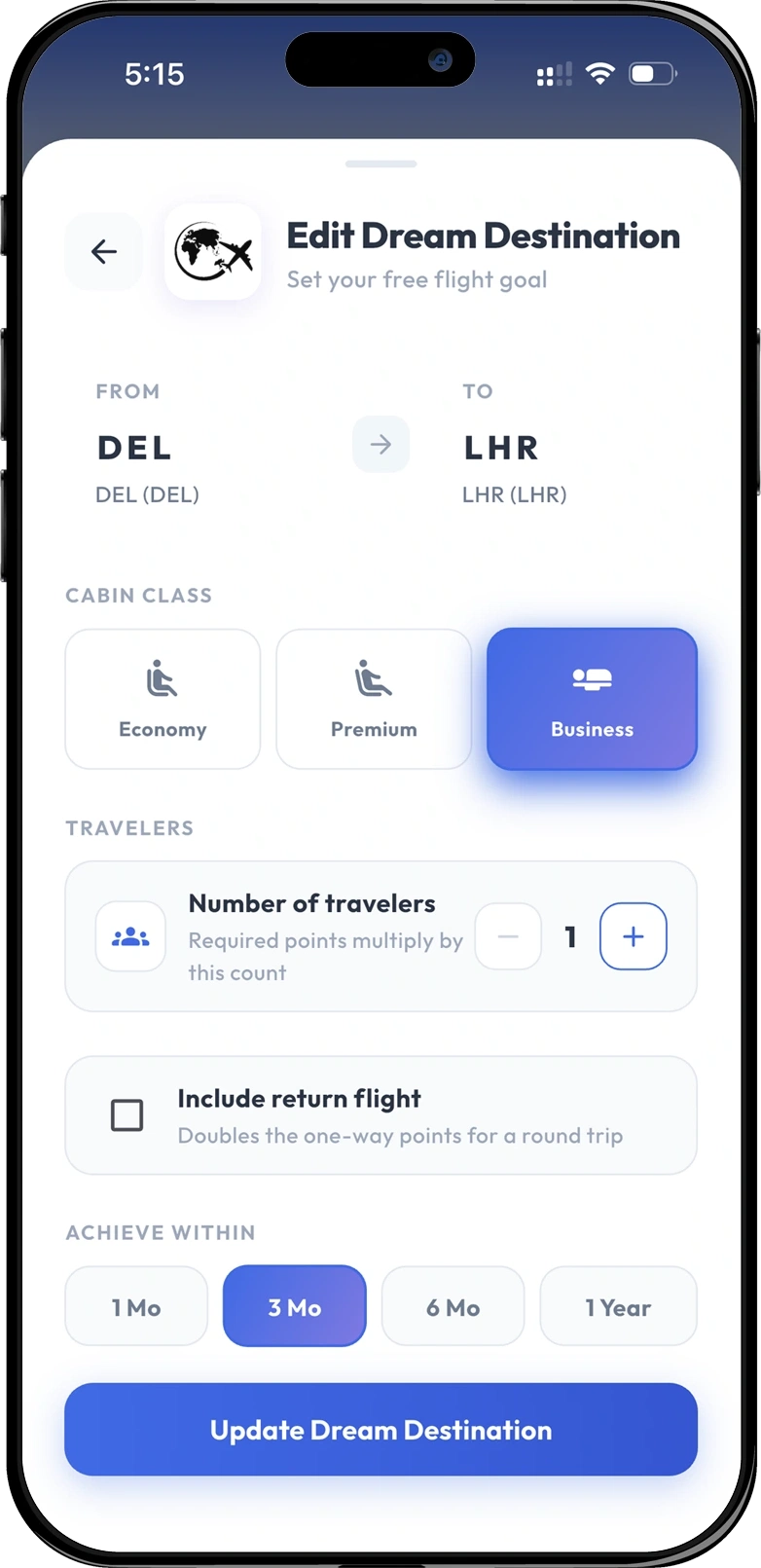 PointsFly dream destination flight goal screen