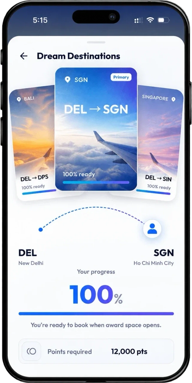 PointsFly dream destination flight goal screen
