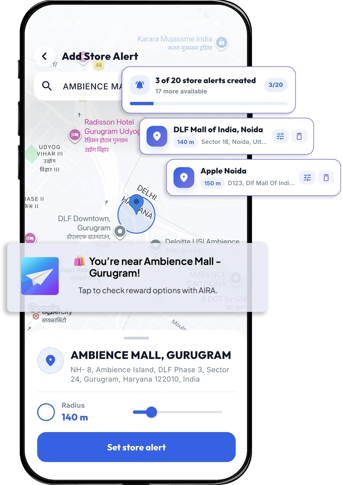 PointsFly store alerts screen with nearby offers